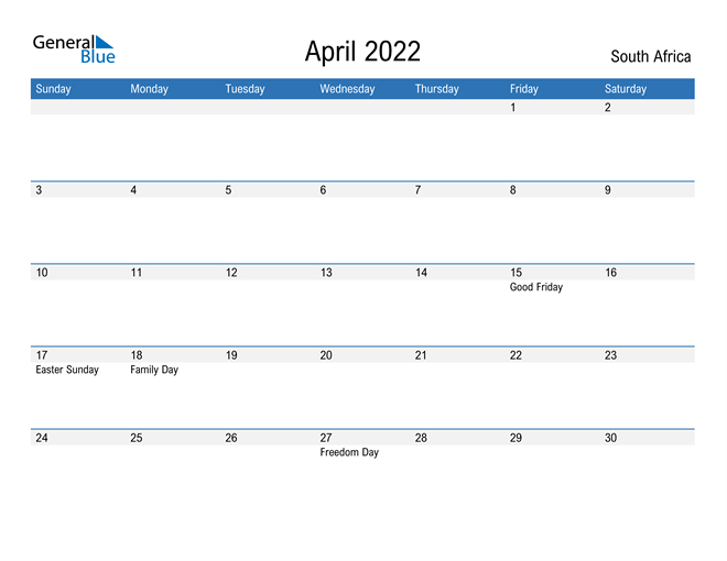 South Africa April 2022 Calendar With Holidays-Holiday Calendar 2022 South Africa