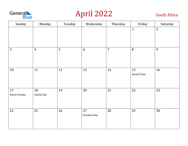 South Africa April 2022 Calendar With Holidays-South Africa Holiday Calendar 2022