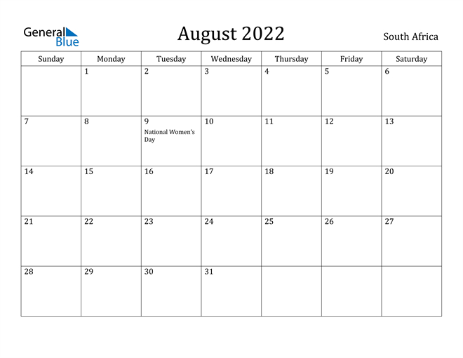 South Africa August 2022 Calendar With Holidays-Holiday Calendar 2022 South Africa
