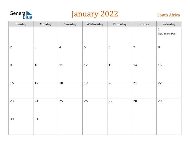 South Africa January 2022 Calendar With Holidays-Printable Calendar 2022 South Africa