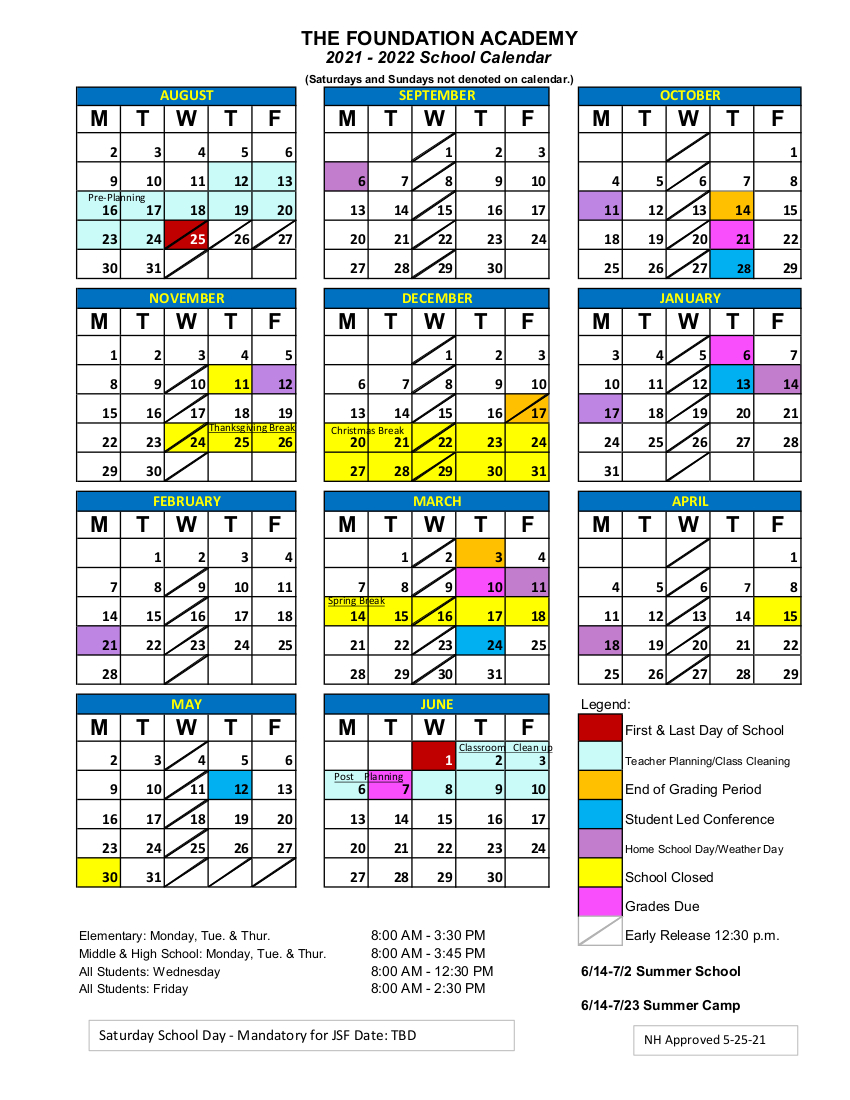 Tfa 2021-2022 Calendar - Foundation Academy-Next Year School Calendar 2022