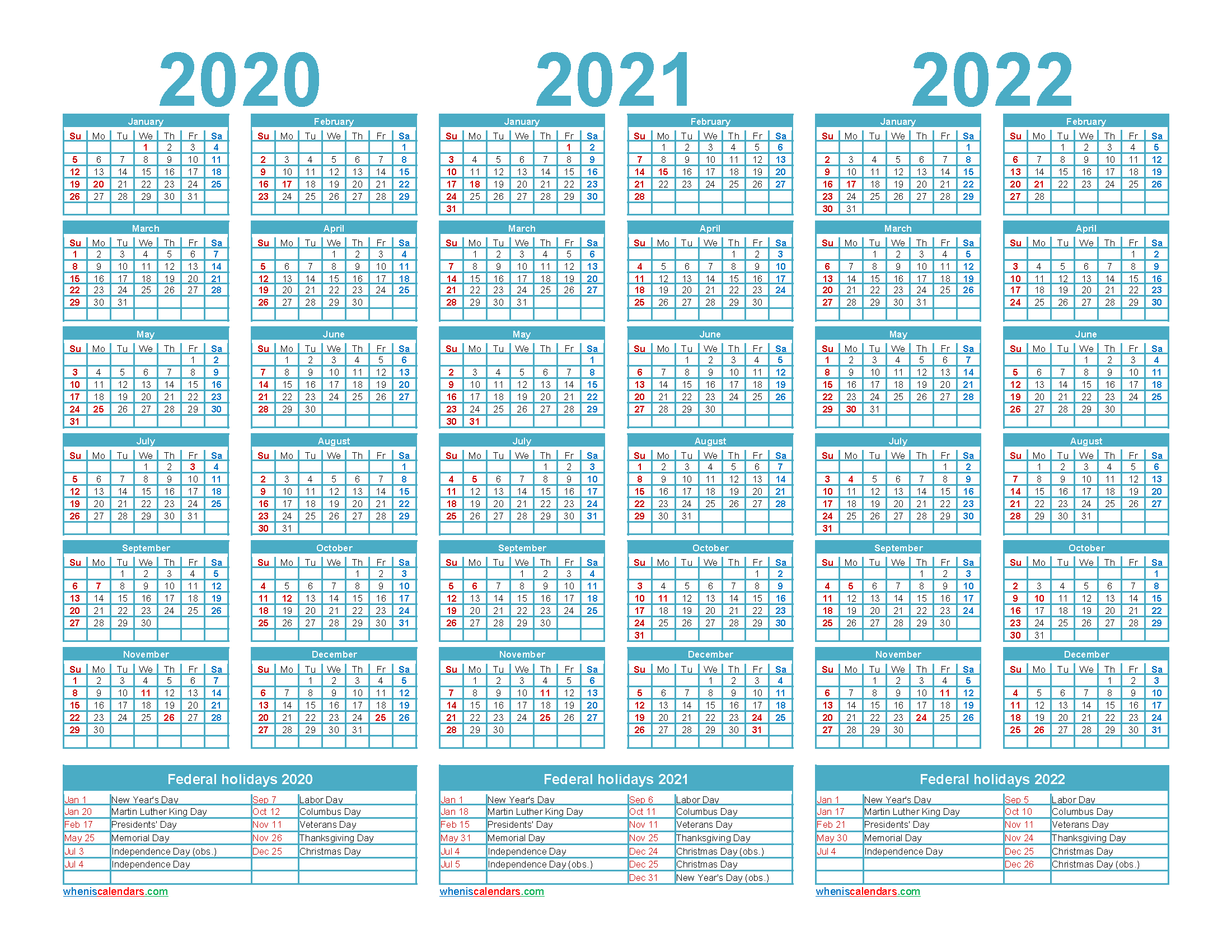 Three Year 2020 To 2022 Calendar Printable Word, Pdf-3 Year Calendar 2019 To 2022 Printable