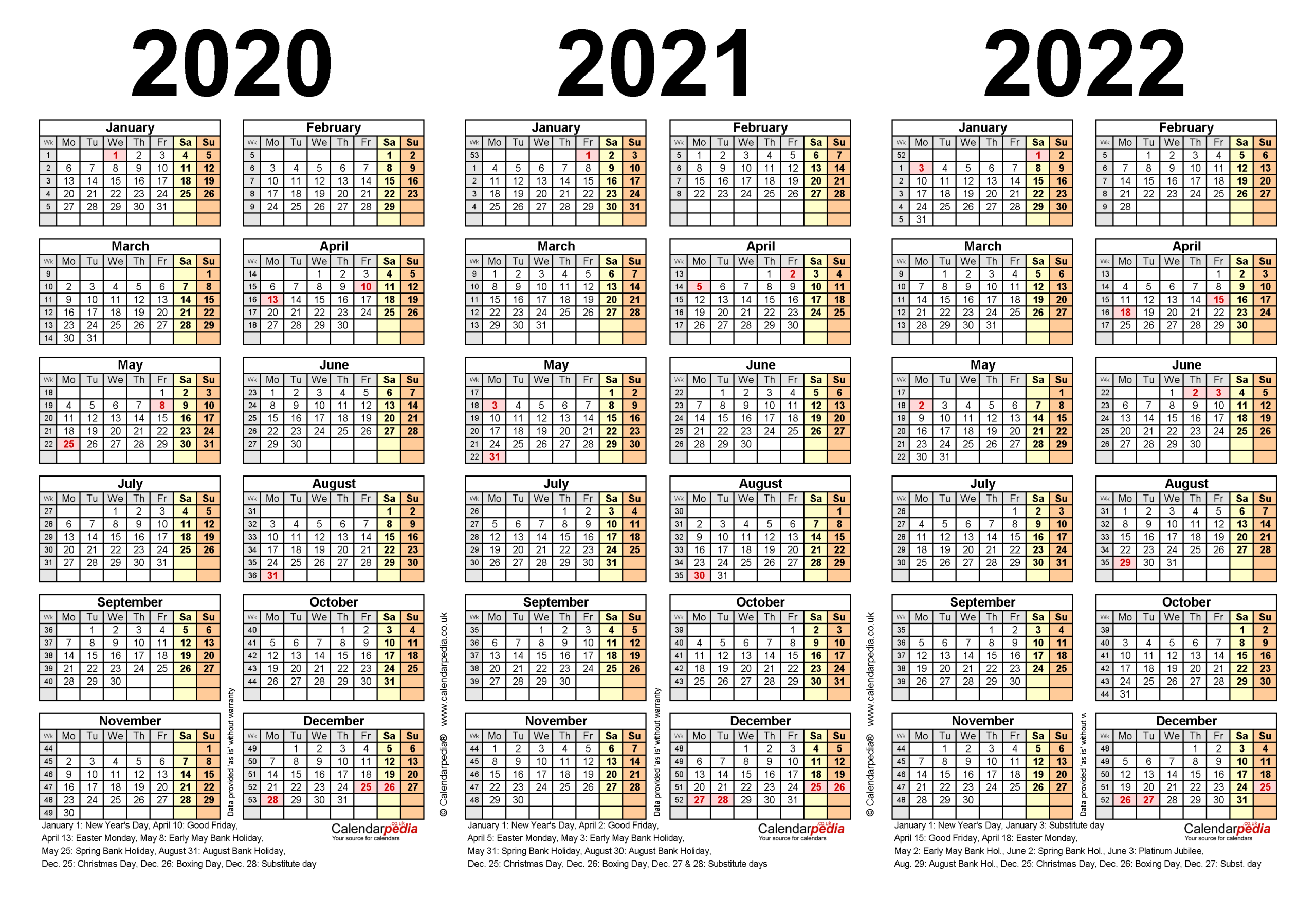 Three Year Calendars For 2020, 2021 &amp; 2022 (Uk) For Pdf-3 Year Calendar 2019 To 2022 Printable