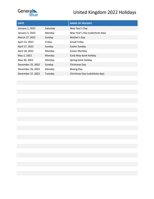 United Kingdom Holidays 2022 In Pdf, Word And Excel-Uk Bank Holiday Calendar 2022