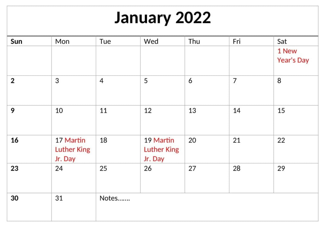 United States January 2022 Calendar With Holidays - Thecalendarpedia-2022 Calendar With Holidays Printable Usa