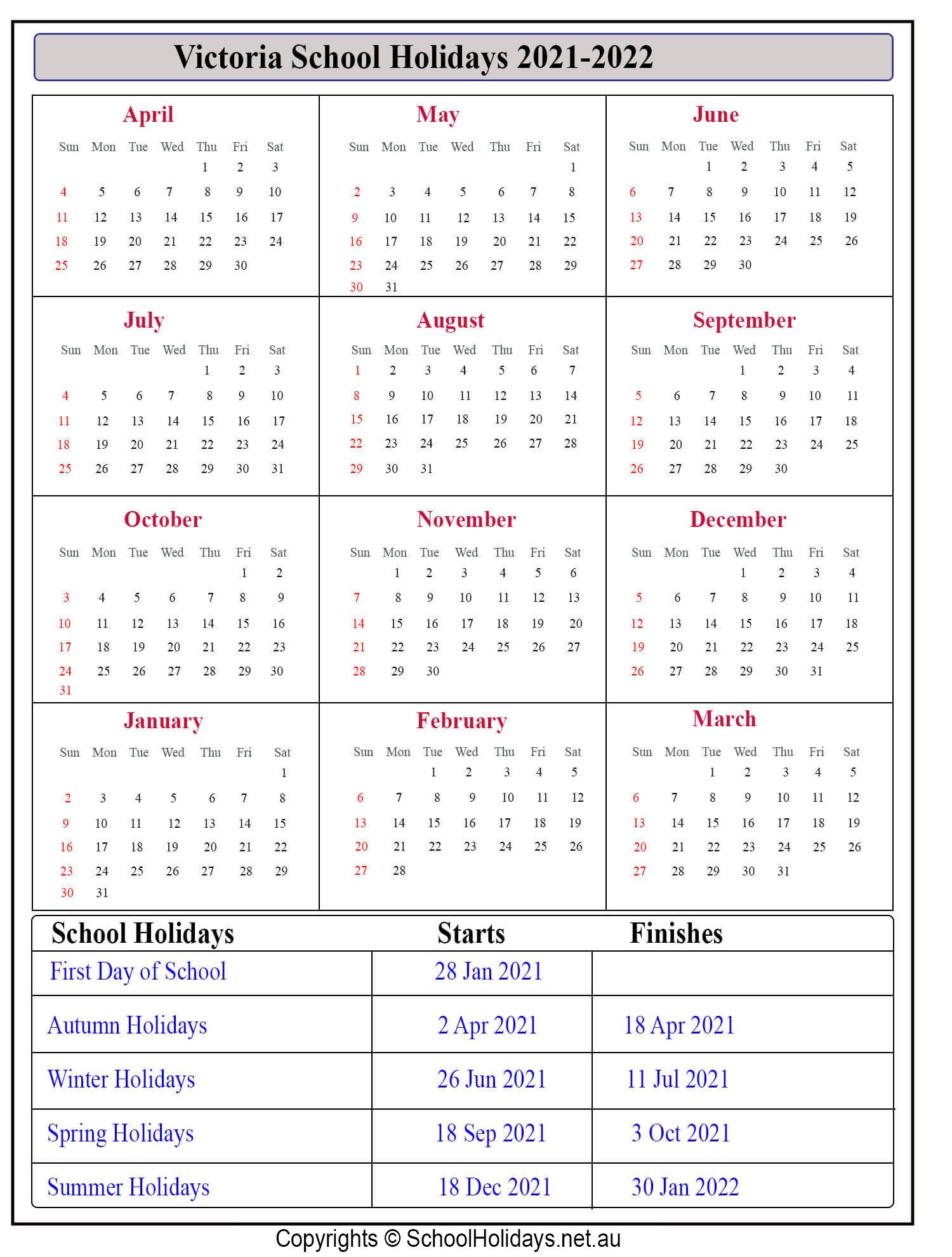 Vic *School Holidays* 2021 [Victoria ] ️-2022 Calendar Australia With School Holidays