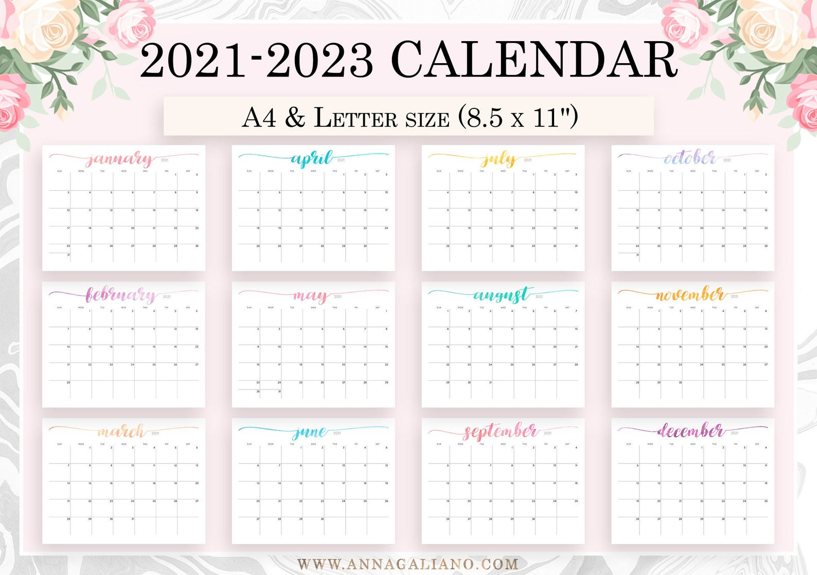 Wall Calendar Printable 2021 2022 2023 Printable Calendar | Etsy-2021 Calendar 2022 Printable Pdf