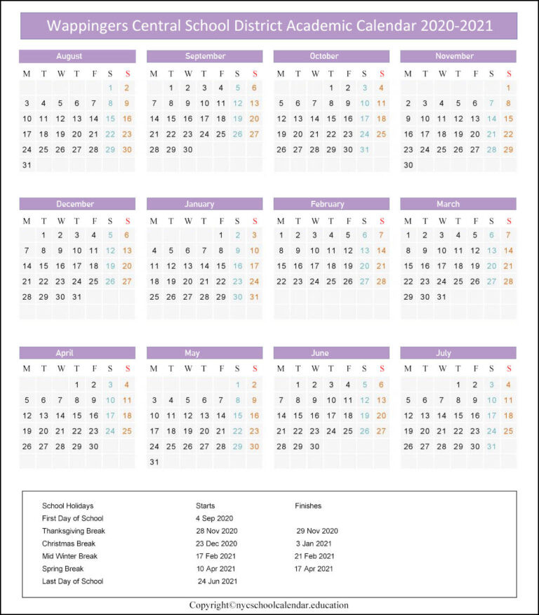 Wappingers Central School District Calendar 2021-2022-Nyc School Calendar 2021 To 2022 Printable