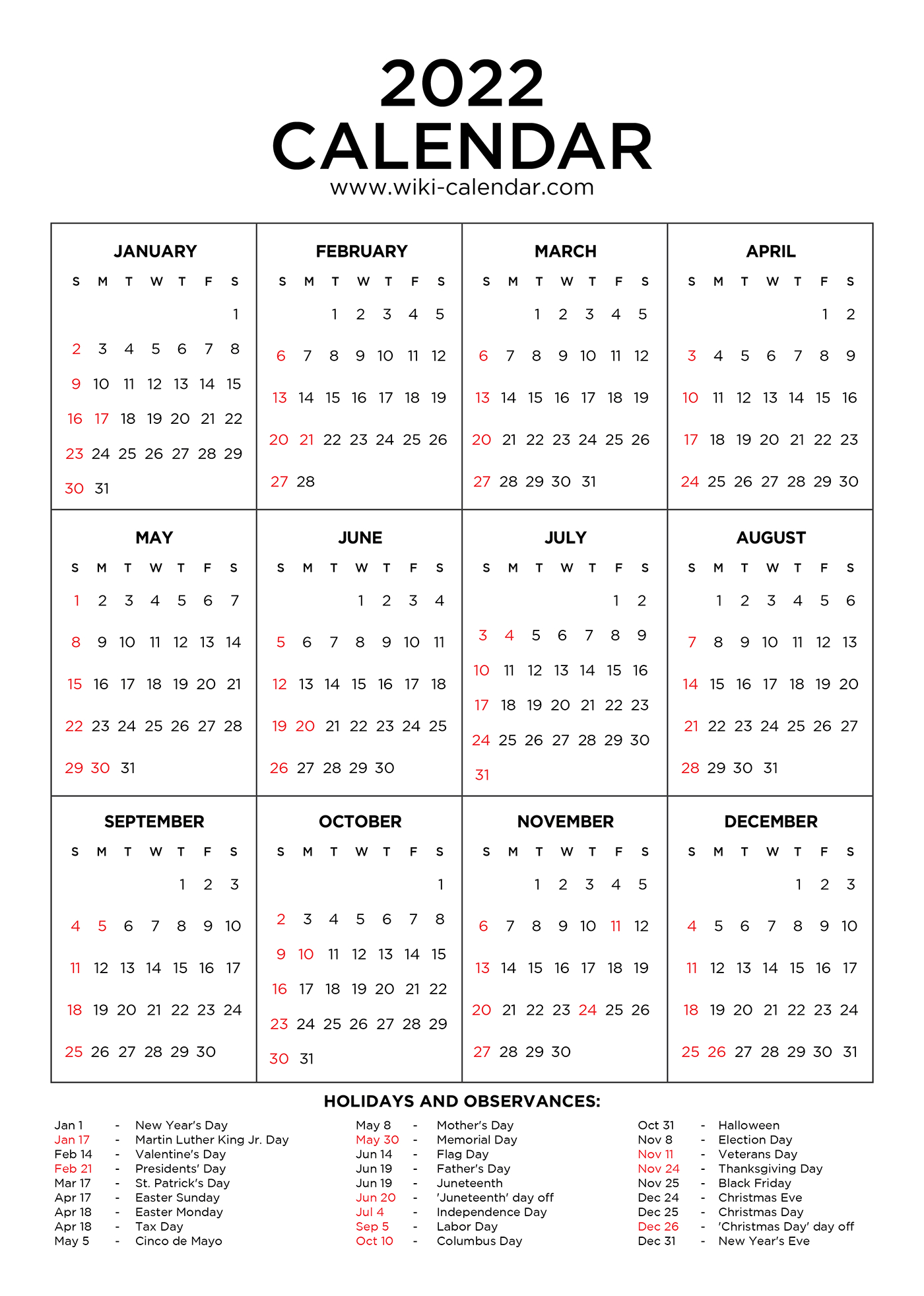Year 2022 Calendar Printable With Holidays - Wiki Calendar-2022 Printable Calendar One Page