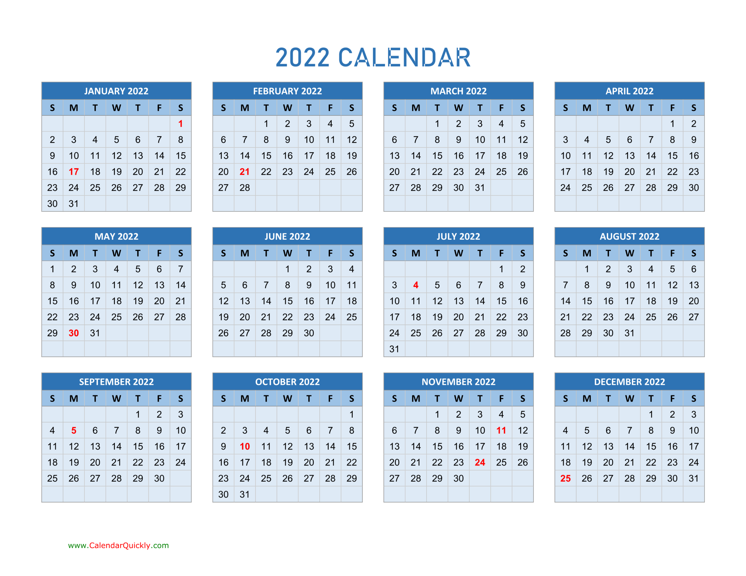 Year 2022 Calendars | Calendar Quickly-2022 Yearly Calendar Printable One Page