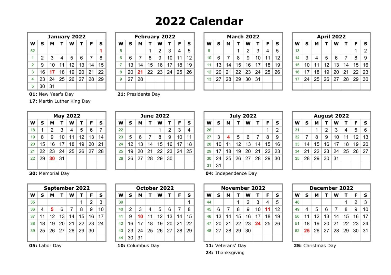 Yearly 2022 Calendar | Free Template Download-Printable Monthly Calendar For 2022
