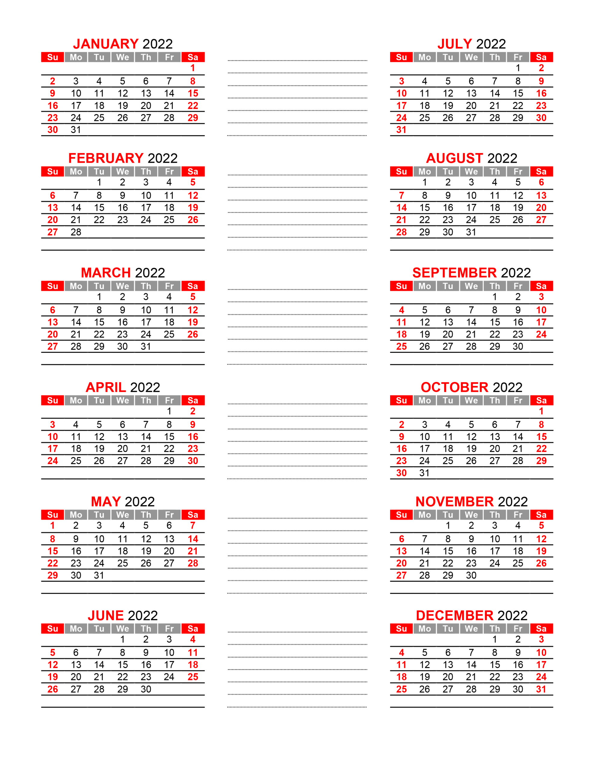 Yearly Calendar 2022 - Free-Calendar.su-2022 Yearly Calendar Printable One Page