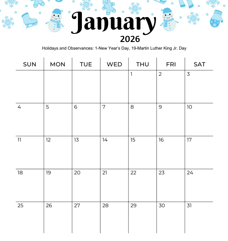 january 2026 calendar with holidays printable